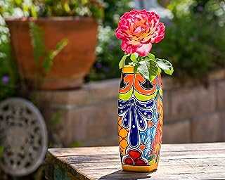Jayde N' Grey Talavera Pottery Hand Painted Ceramic Vase Flower Pot Floral Decor Mexican Art 9.5" x 3" x 3" (Golden Yellow)