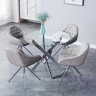 GOLDFAN Glass Round Dining Table and Chairs Set 4 Modern Kitchen Table and Velvet Chairs with Chrome Legs for Dining Room, Grey/100cm