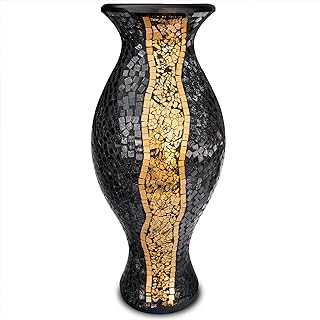 Zorigs Floor Vase – Tall Cylinder Made of Terracotta with Black and Gold Glass Mosaic Pieces – Exquisite Home Decor Accent Piece – 24 x 10 Inches - for Hallway, Bedroom, Living Room