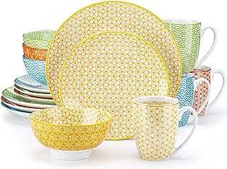 vancasso Natsuki Porcelain Dinner Sets, Colourful Plate Set with Classic Pattern, 16 Piece Dinnerware Sets with Dinner Plate, Dessert Plate, Bowl and Mug. Service for 4