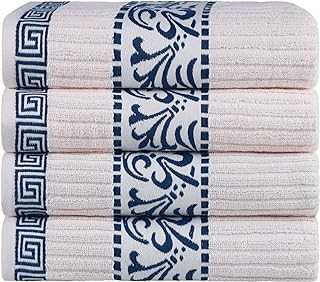 Superior Decorative 4-Piece Bath Towel Set, Greek/ Floral Decor for Bathroom, Guest Bath, Spa, Household Essentials, Premium Absorbent Cotton, Athens Collection, Fast Drying Towels, Ivory-Navy