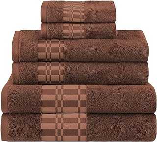 Superior100% Ultra Soft Cotton 6 Piece Towel Set, 550 GSM, Soft Highly-Absorbent Plush Quick Dry, Medium Weight Bathroom Accessories, Geometric Jacquard Pattern, Dobby Border, Bath Towel, Chocolate