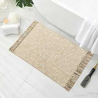 MitoVilla Boho Bathroom Small Rug 2'x3', Tan Cream Cotton Woven Throw Rugs for Living Room, Modern Farmhouse Washable Kitchen Rugs, Area Rugs Floor Mat with Tassel for Entryway, Hallways