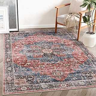 Roxstand 8x10 Area Rugs for Living Room, Vintage Persian Boho Washable Rug with Non-Slip Backing, Stain Resistant Large Area Rug for Dining Room, Soft Rugs for Bedroom (Navy Blue/Red, 8'x10')