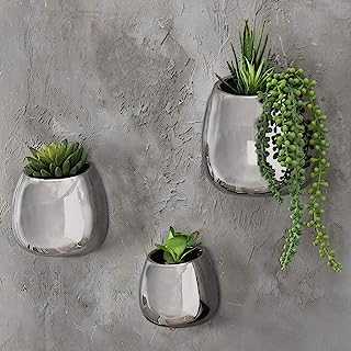 MyGift Contemporary Wall-Hanging Metallic Silver Ceramic Planters, Set of 3