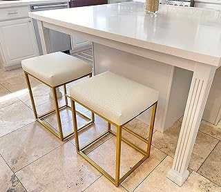 MAISON ARTS Off White & Gold Counter Height 24" Bar Stools Set of 2 for Kitchen Counter Modern Barstools Upholstered Faux Leather Square Stools Backless Farmhouse Island Chairs, 24 Inch Height