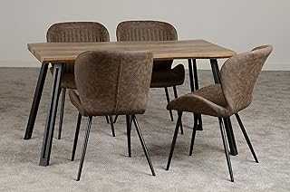 Seconique Quebec Wave Edge Dining Set with 4 Dining Chairs in Medium Oak Effect/Brown Pu