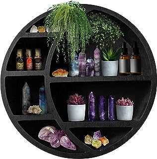 Wooden Crescent Moon Shelf Wall Decor - Decorative Boho Home Hanging Display Shelf for Bedroom, Dorm, Nursery - Easy Mount Storage for Crystals and Essential Oils - 14 x 14 x 3.5 (Black)
