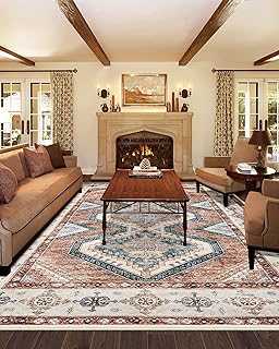 Area Rug Living Room Rugs - 8x10 Large Machine Washable Boho Thin Carpets Vintage Tribal Anti Slip Backing Carpet for Under Dining Table Bedroom Farmhouse Home Office Red