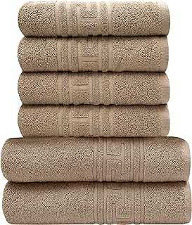 Pleasant Home Premium Bath Towels - 6 Piece Set | 2 Bath Towels & 4 Hand Towels | 100% Cotton, Soft & Absorbant | Greek Key Border Design Set | 520 GSM (Mocha)