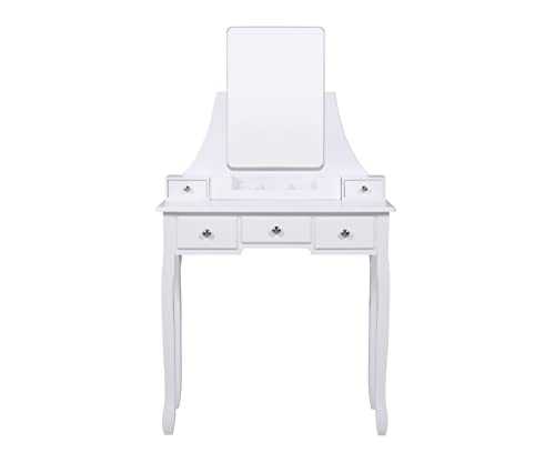 SALBAY White Modern Dressing Table with Frameless Mirror,5 Drawers,Removable Organiser, Pine Wood Stool, for Bedroom, Dressing Room