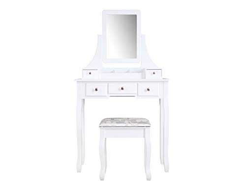 SALBAY White Modern Dressing Table with Framed Mirror, Dresser Set 1 Mirror 5 Drawer with Pinewood stool,Makeup Desk for Bedroom