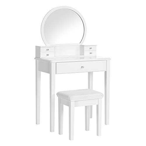 VASAGLE Dressing Table Set with Mirror, Modern Makeup Table with Cushioned Stool and 5 Drawers, 70 x 40 x 134 cm, Vanity Set, Gift Idea, White RDT152W01