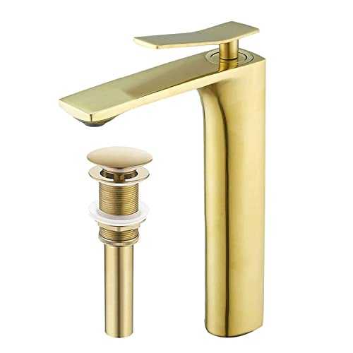 Bathroom Vessel Sink Faucet with Pop Up Drain Brushed Gold Tall Bathroom Vessel Faucet Single Handle One Hole Lavatory Sink Bowl Mixer Tap NEWRAIN NR6790BGH