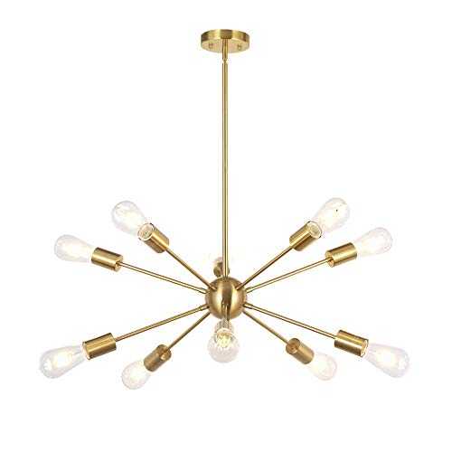 BONLICHT Sputnik Chandelier 10 Light Brushed Brass Modern Pendant Lighting Gold Industrial Vintage Ceiling Light Fixture UL Listed