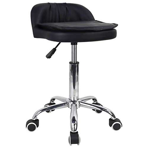WKWKER PU Leather Rectangle Rolling Stool With Low Back Height Adjustable Swivel Drafting Work SPA Task Chair With Wheels (Black)