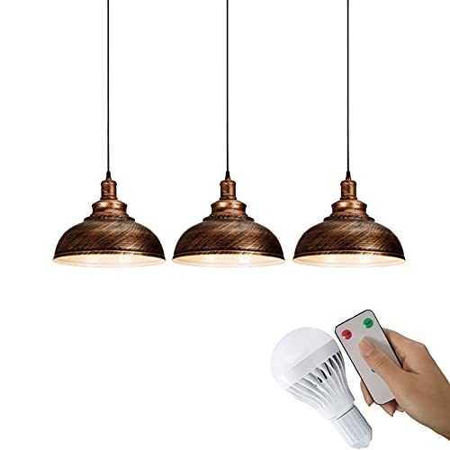 ADHA 3 Pendant light of Retro ceiling，Adjustable Industrial light fixtures，LED Battery Operated Remote Control Wireless Dimmable Pendant Lighting for farmhouse kitchen, Bulb Included (Color : Brass)
