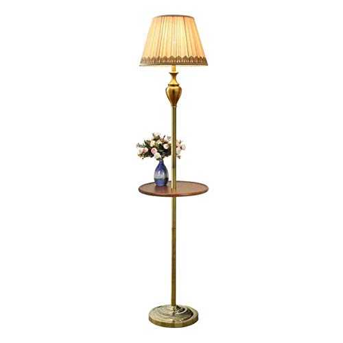 Floor Lamp Traditional Floor Lamp Classic Brushed Brass Standing Lamp with Beige Fabric Shade and Wooden Table Top Vintage Elegant Tall Pole Lamp for Living Room Sturdy Base Tall Vintage Pole Light