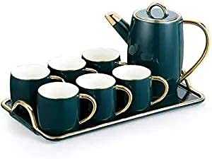 7-Piece Porcelain Ceramic Coffee Tea Sets,Blue 6 Cups, Teapot, Serving Tray，Household Ceramic Flower Tea Cup English Afternoon Tea Tea Set With Tray Wedding Dinnerware Sets