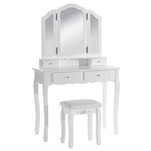 WOLTU MB6027cm Dressing Table Cosmetic Table Dressing Table Set with 3 Mirrors and 1 Stool 4 Drawers White Makeup Desk 90 x 40 x 145cm(L x W x H)