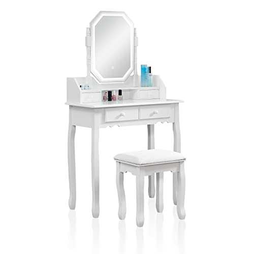TUKAILAI White Dressing Table with LED Adjustable Brightness Touch Lights Mirror, 4 Drawers and Stool Makeup Vanity Desk with Shelves Dressing Set for Bedroom Furniture