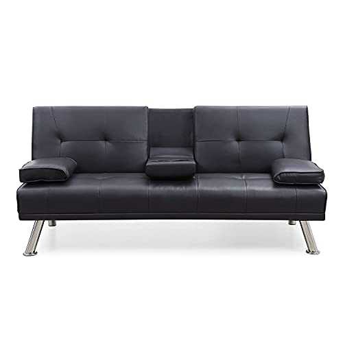 ELEGANT Sofa Bed 2 Seater with Cup Holders Guest Room Removable Pillow Bed Sofa Cover 1820 x 830 x 790 mm Click Clack Sofa Bed, Faux Leather, Black