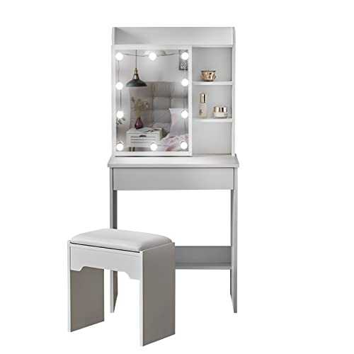 TUKAILAi White LED Dressing Table Corner Makeup Desk with Drawers, 1 Slide Mirror, Shelves and Stool Bedroom Furniture