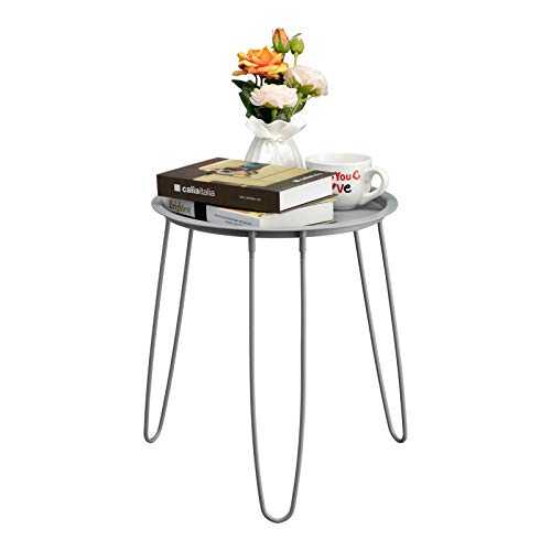HollyHOME Small Round Metal Tray End Table, Sofa Table Accent Side Table, Anti-Rust and Outdoor&Indoor Waterproof Snake and Coffee Table with Hairpin Legs, (H) 17.8" x(D) 15.55", Grey