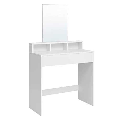 VASAGLE Dressing Table with Large Rectangular Mirror, Makeup Table with 2 Drawers and 3 Open Compartments, Vanity Table, Modern Style, White RDT113W01
