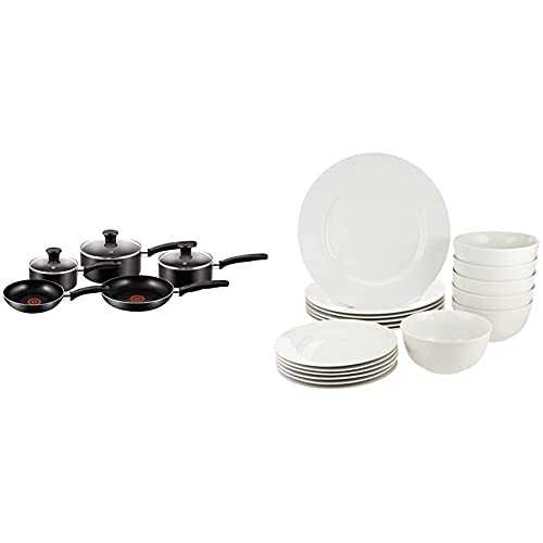 Tefal 5 Piece, Essential, Pots and Pans Set, Black, Aluminium, Non Stick & Amazon Basics 18-Piece Dinnerware Set, Service for 6