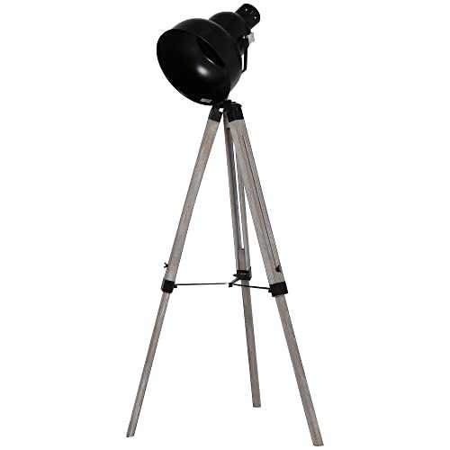HOMCOM Industrial Tripod Base Cone Floor Lamp w/Wood Legs Metal Shade Power Switch Adjustable Height Angle Home Office Styling Lighting Furniture Vintage Retro