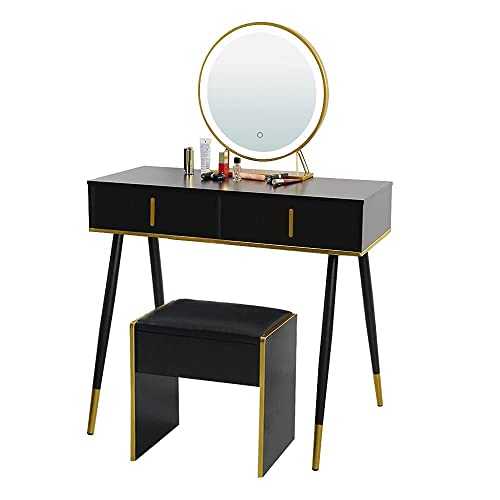 Saicheng Modern Vanity Table Set,Black Dressing Table with Light Large Round Mirror & Stool Vanity Makeup Desk with 2 Drawers Bedroom Furniture