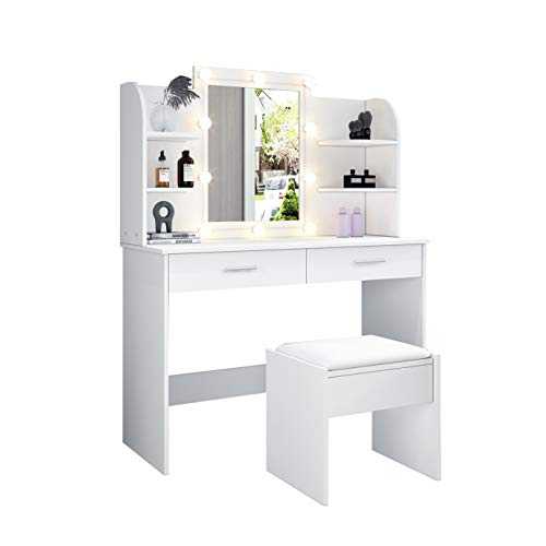 UNDRANDED Dressing Table Set with LED Lights, Mirror, 2 Drawers, 6 Open Shelves Makeup Table Set with Cushioned Stool Makeup Desk Vanity Table for Girls Bedroom (White)
