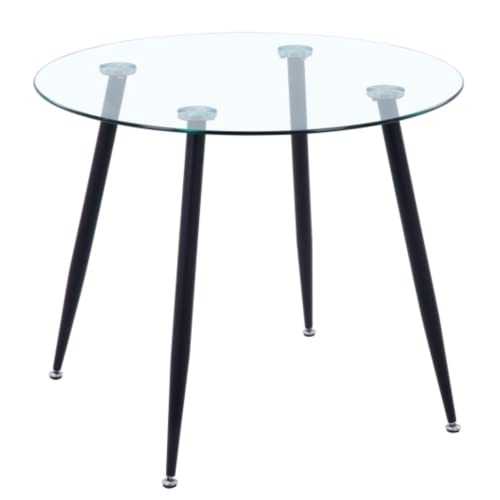 GOLDFAN Round Dining Table Retro Design Kitchen Glass Table with Metal Legs for Dining Room Living Room Office (Black)