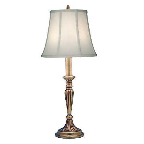 Table Lamp - Tall Slim Stem - in - line On/Off Switch - Ivory Shadow Shade - Antique Brass - LED E27 60W Bulb