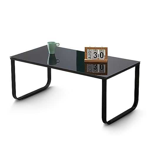 OFCASA Black Glass Coffee Table with Metal Legs Modern Design Coffee Table Storage Side Table for Living Room