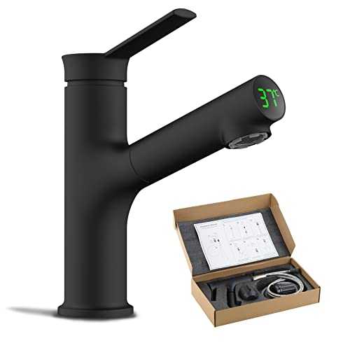 yeulluey Bathroom Sink Taps with Pull Down Sprayer, Temperature Display Digital Single Lever 360° Swivel Spout Mixer Taps, Lead-Free Hose Black Kitchen Mixer Tap for Bathroom Basin Sink