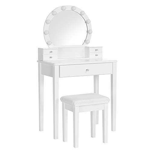 VASAGLE Dressing Table Set with Mirror, 10 Dimmable Light Bulbs, Modern Makeup Table with Cushioned Stool and 5 Drawers, 70 x 40 x 134 cm, Vanity Set, Gift Idea, White RDT193W01