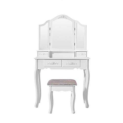 Modern White Folding Three Mirror Dressing Table with Padded Stool 4 Drawers Carved Storage