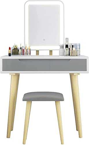 Fullwatt Dressing Table with LED Lights Mirror White Vanity Makeup Table Set with Adjustable Brightness Mirror, Cushioned Stool and Free Make-up Organizer (White+Grey+Rectangle Mirror)