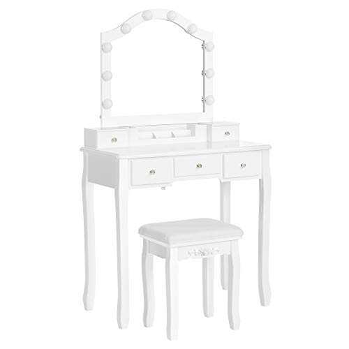 VASAGLE Dressing Table Set, Makeup Table Set with Cushioned Stool, 10 Dimmable Light Bulbs, 6-Slot Removable Organiser, 5 Drawers, 1 Drawer Divider, Gift Idea, for Bedroom, White RDT191W01