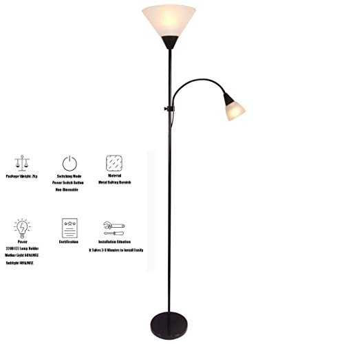 LED Mother Daughter Floor Lamp With Adjustable Side Reading Light for Reading, Working, Living Room, Bedroom, Office 70inch Tall (Color : Black)