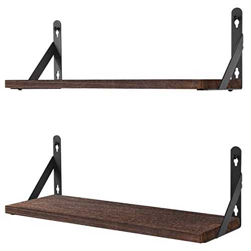 AGM Wall Mounted Shelves Set of 2, Rustic Dark Wood Wall Floating Shelves for Bedroom, Living Room, Kitchen, Laundry Room Storage & Decoration-Dark Brown