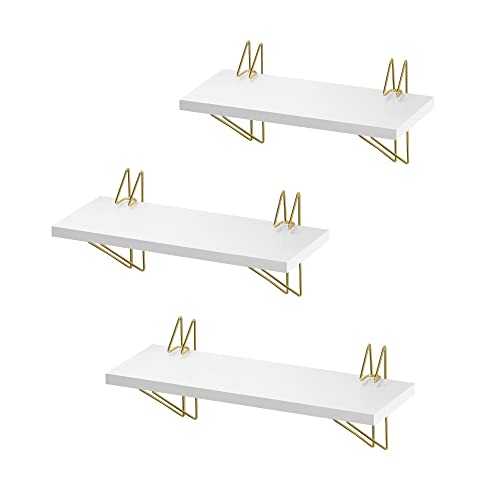 SONGMICS Floating Shelves, Wall Shelves Set of 3, Metal Brackets, Modern Style, for Living Room, Bedroom, Kitchen, White and Gold Colour LWS105W10
