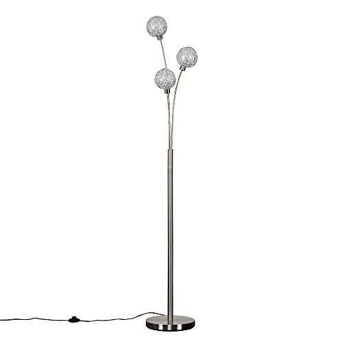 Contemporary 3 Way Brushed Chrome Floor Lamp with Metal Wire Globe Shades