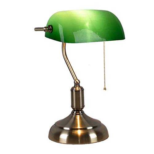 HJXDtech Vintage Desk Lamp/Table Light/Bedside Study Office Banker's Lamp with Green Glass Shade,Brass Base and Pull Switch