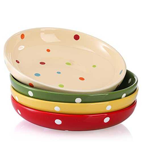 Jucoan 4 Pack Porcelain Polka Dot Dinner Plate, 20CM/8 Inch Pasta Serving Dishes, Colorful Salad Plate, Dishwasher and Microwave Safe
