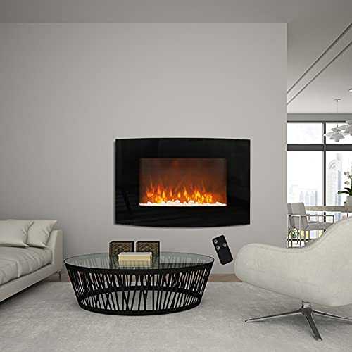 FIDOOVIVIA 35 Inch Wall Fireplace Electric Fires LED Pebbles Flame Effect Wall Mounted Heater Curved Glass Front with Remote Control, Temperature Adjustment, 900W/1800W, Black