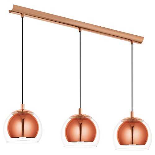EGLO Ceiling light Rocamar with 3 lampshades, pendant lighting made of copper-coloured steel and clear glass, hanging lamp for dining table and living room, E27 socket, L 30.7 inches