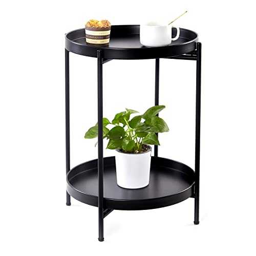 Guudoo Side Table,2 Tier Folding Black End Table Metal Waterproof Snack Beside Table Accent Coffee Table for Living Room Balcony